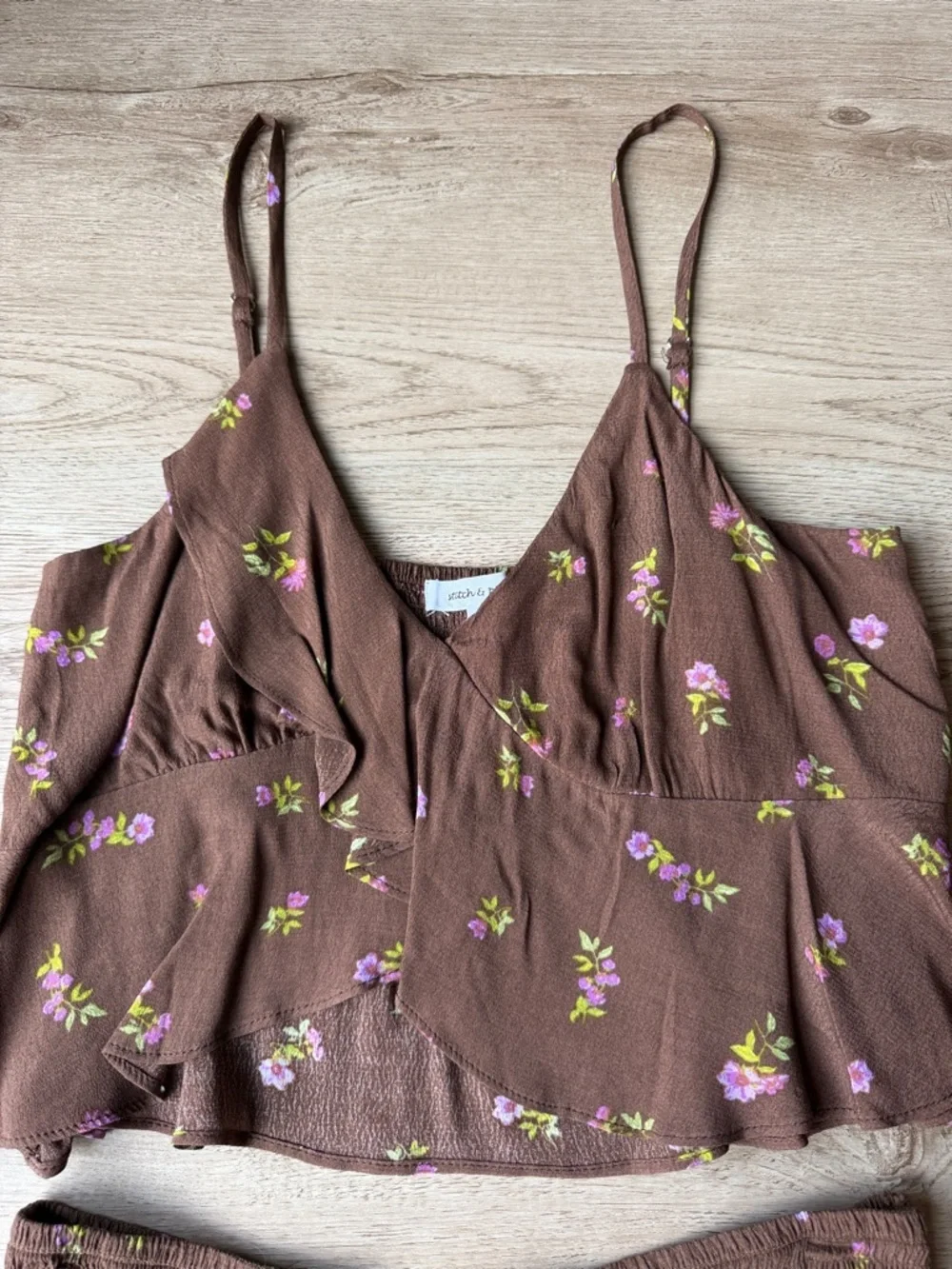 Stitch & Pine Brown Floral 2 Piece Set Smocked Skirt Tank Medium NWT - Picture 4 of 15